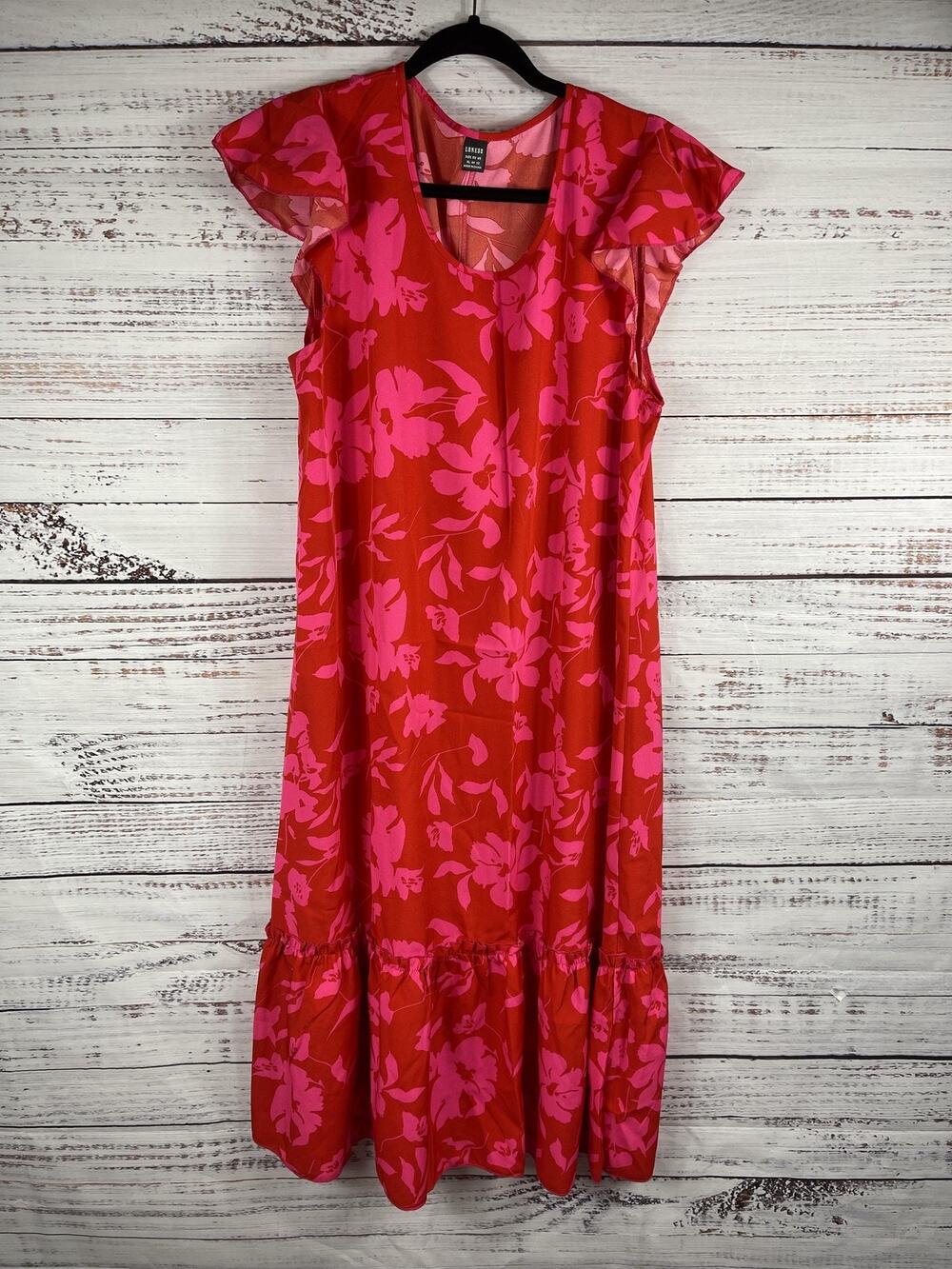 Loness Dress Women's Size XL Red Pink Floral Ruffle Maxi Spring Summer Boho